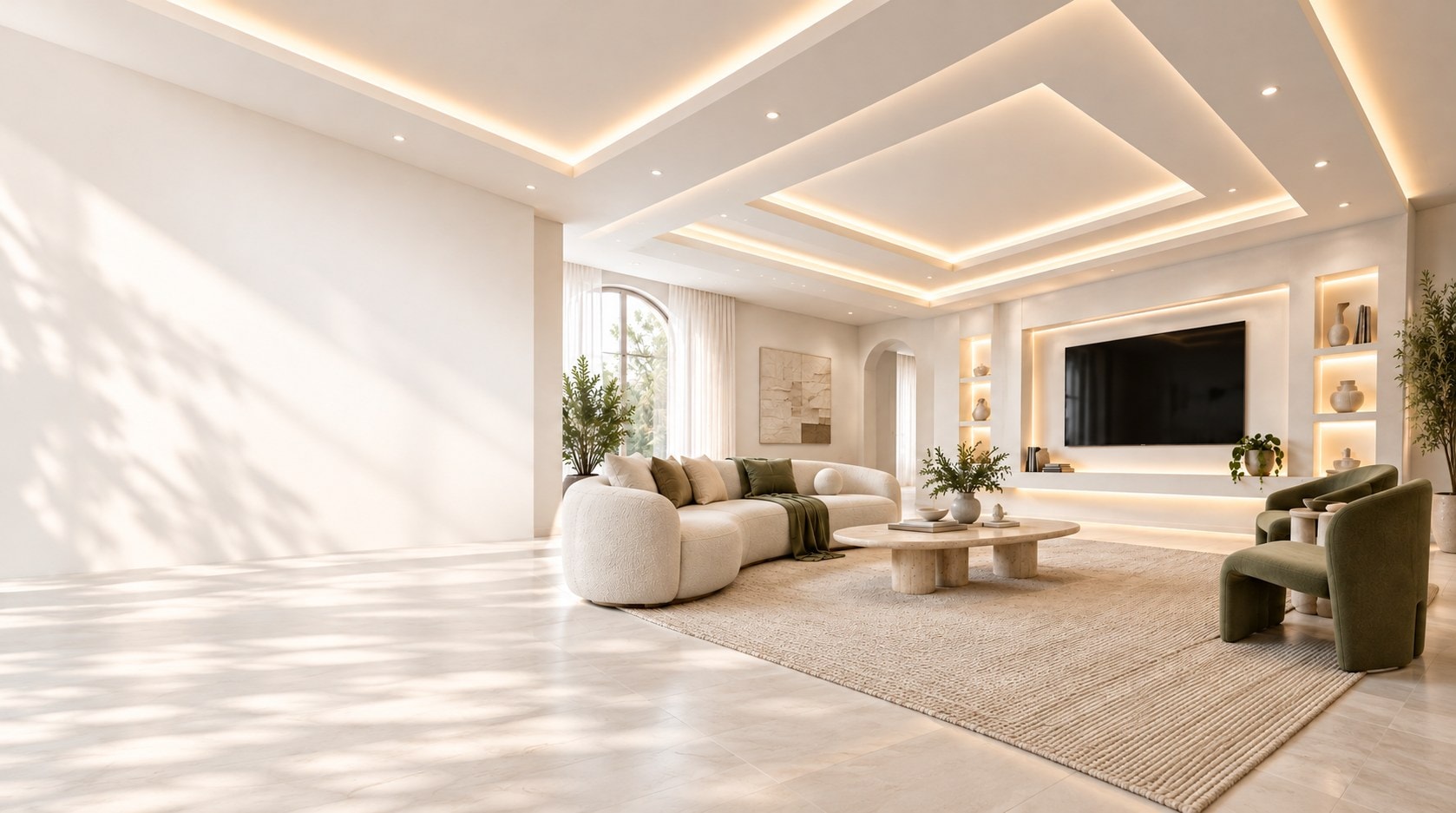 Sala moderna con cielo raso de gypsum e iluminación LED