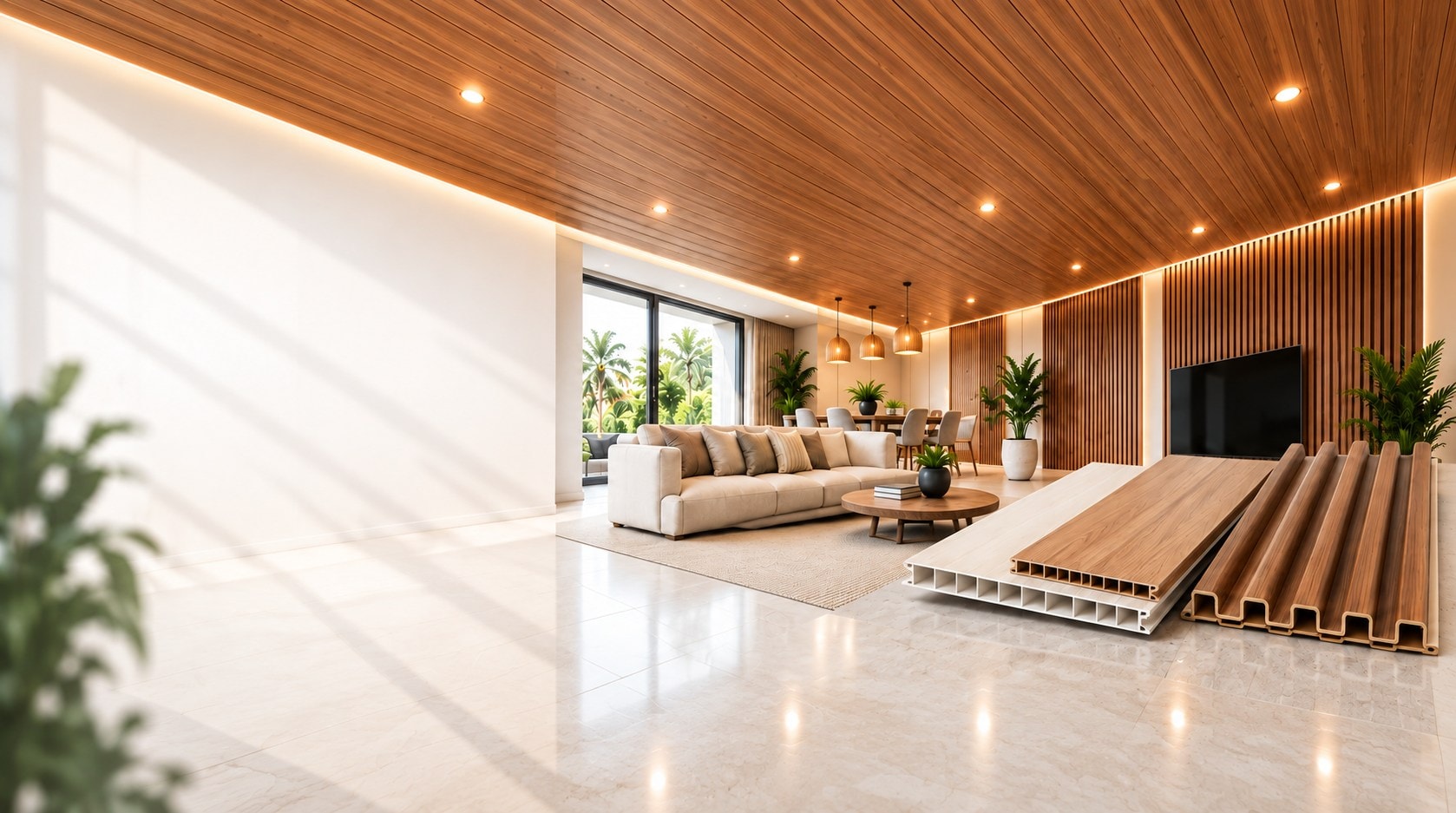 Cielo raso y paneles de pared WPC efecto madera